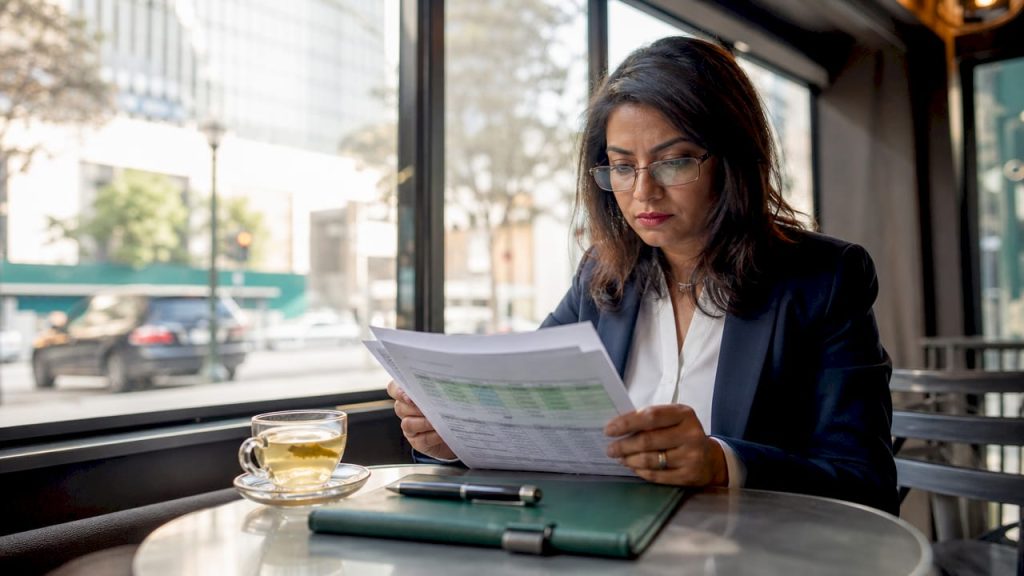 Woman reviewing customer data documents in office