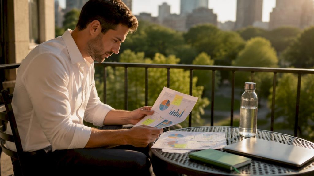 Marketing analyst reviewing CRM reports at office table